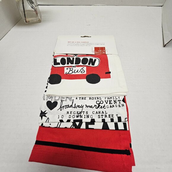 New Ben de LISI Set 3 Tea Towels White Black Red London Bus Downing Street Royal - Picture 1 of 12